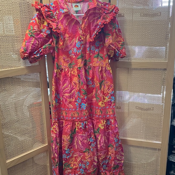FARM Rio Vibrant Floral Midi Dress EUC short sleeve puffy size small - Picture 2 of 7